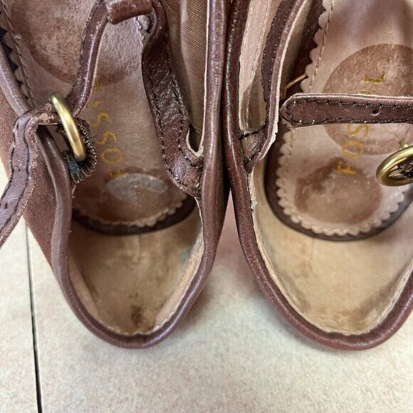 Fossil Giraffe Print Suede Faux Fur T-Strap Heels - Picture 9 of 16